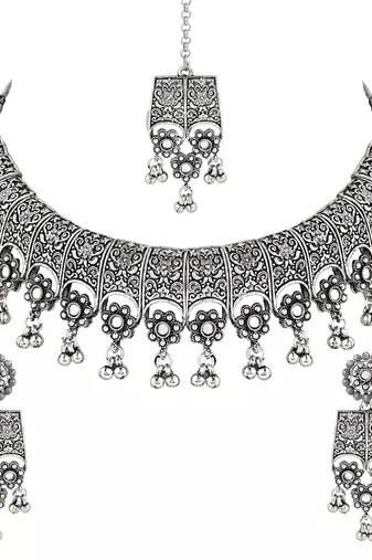 Navratri Ethnic Silver Oxidized Traditional Afghani Choker Necklace Jewellery Set for Women 