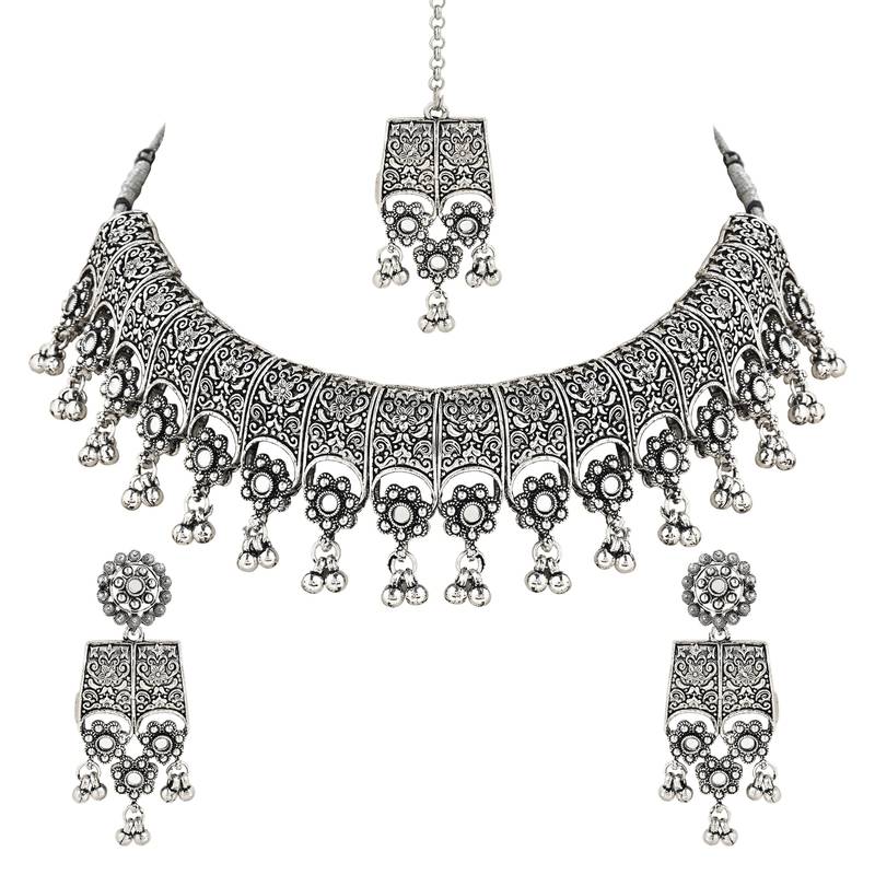 Navratri Ethnic Silver Oxidized Traditional Afghani Choker Necklace Jewellery Set for Women 