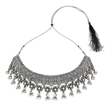Navratri Ethnic Silver Oxidized Traditional Afghani Choker Necklace Jewellery Set for Women  3