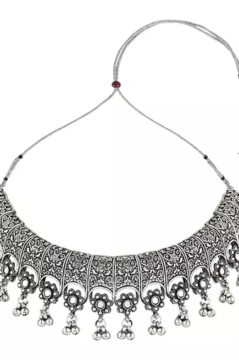 Navratri Ethnic Silver Oxidized Traditional Afghani Choker Necklace Jewellery Set for Women 