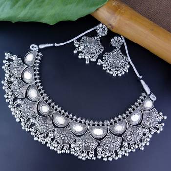 Navratri Ethnic Silver Oxidized Traditional Afghani Choker Necklace Jewellery Set for Women  1