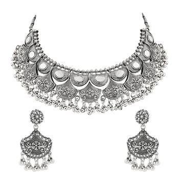 Navratri Ethnic Silver Oxidized Traditional Afghani Choker Necklace Jewellery Set for Women  2