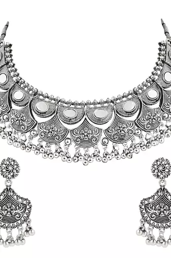 Navratri Ethnic Silver Oxidized Traditional Afghani Choker Necklace Jewellery Set for Women 