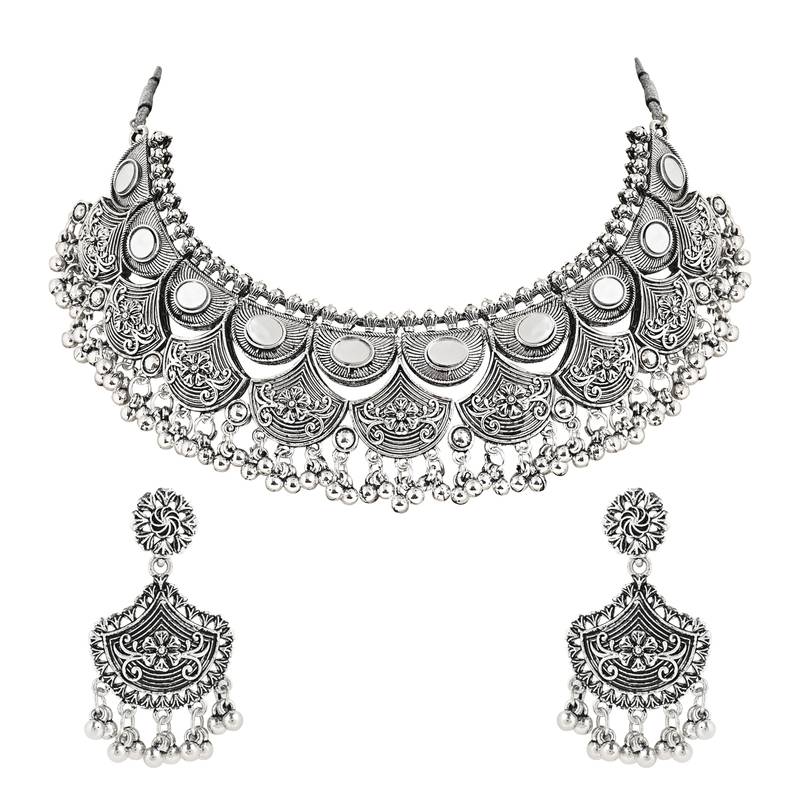 Navratri Ethnic Silver Oxidized Traditional Afghani Choker Necklace Jewellery Set for Women 
