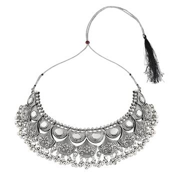 Navratri Ethnic Silver Oxidized Traditional Afghani Choker Necklace Jewellery Set for Women  3