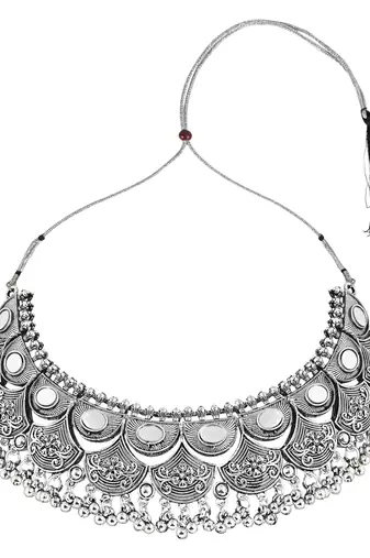 Navratri Ethnic Silver Oxidized Traditional Afghani Choker Necklace Jewellery Set for Women 