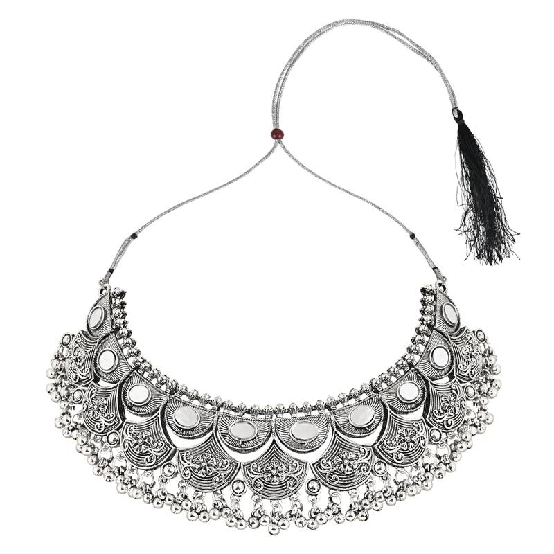 Navratri Ethnic Silver Oxidized Traditional Afghani Choker Necklace Jewellery Set for Women 