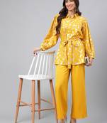 Janasya women's yellow crepe floral foil printed top with palazzo