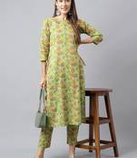 Janasya women's green cotton floral printed long slit kurta with pant