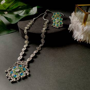 Navratri Ethnic Silver Oxidised Peacock Feather Ghungroo Long Necklace Jewellery Set For Women/Girls  1
