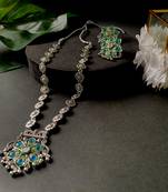 Navratri Ethnic Silver Oxidised Peacock Feather Ghungroo Long Necklace Jewellery Set For Women/Girls 