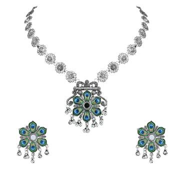 Navratri Ethnic Silver Oxidised Peacock Feather Ghungroo Long Necklace Jewellery Set For Women/Girls  2