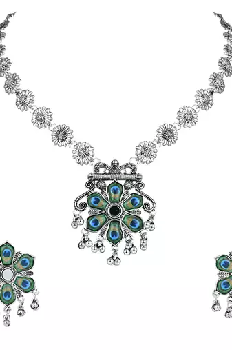 Navratri Ethnic Silver Oxidised Peacock Feather Ghungroo Long Necklace Jewellery Set For Women/Girls 