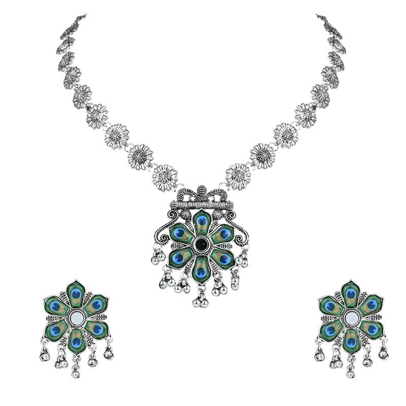 Navratri Ethnic Silver Oxidised Peacock Feather Ghungroo Long Necklace Jewellery Set For Women/Girls 