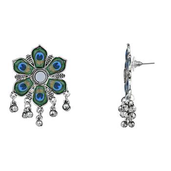 Navratri Ethnic Silver Oxidised Peacock Feather Ghungroo Long Necklace Jewellery Set For Women/Girls  3