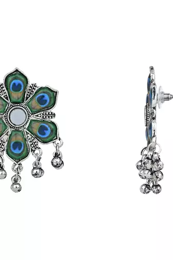 Navratri Ethnic Silver Oxidised Peacock Feather Ghungroo Long Necklace Jewellery Set For Women/Girls 