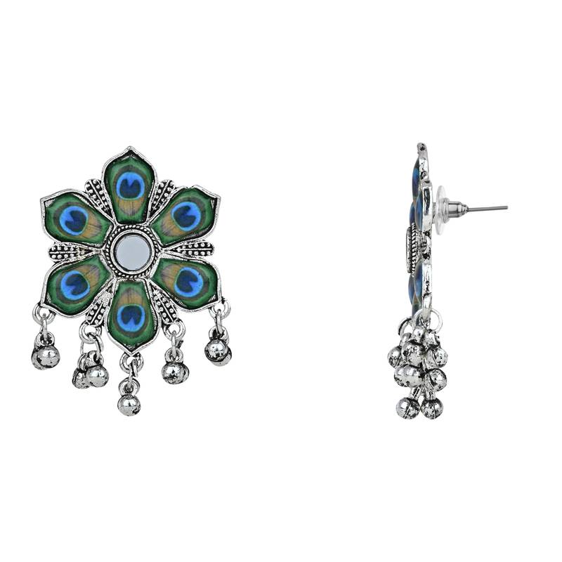 Navratri Ethnic Silver Oxidised Peacock Feather Ghungroo Long Necklace Jewellery Set For Women/Girls 