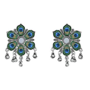 Navratri Ethnic Silver Oxidised Peacock Feather Ghungroo Long Necklace Jewellery Set For Women/Girls  4