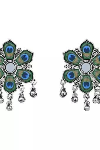 Navratri Ethnic Silver Oxidised Peacock Feather Ghungroo Long Necklace Jewellery Set For Women/Girls 