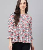 Janasya women's white cotton floral print flared top
