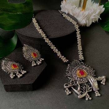 Navratri Ethnic Stylish Silver Oxidised Krishna Murli and Feather Long Necklace Jewellery Set  1