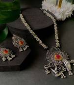 Navratri Ethnic Stylish Silver Oxidised Krishna Murli and Feather Long Necklace Jewellery Set 