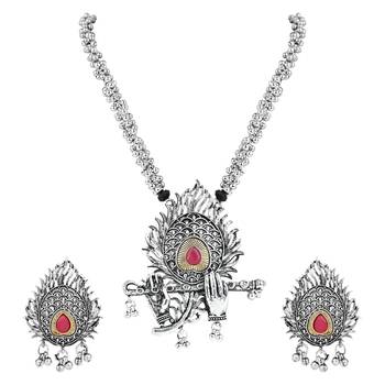 Navratri Ethnic Stylish Silver Oxidised Krishna Murli and Feather Long Necklace Jewellery Set  2