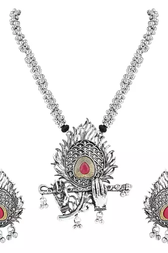 Navratri Ethnic Stylish Silver Oxidised Krishna Murli and Feather Long Necklace Jewellery Set 