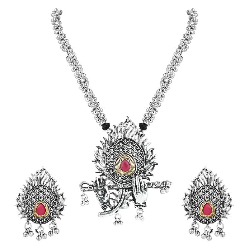 Navratri Ethnic Stylish Silver Oxidised Krishna Murli and Feather Long Necklace Jewellery Set 