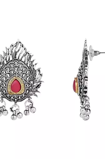 Navratri Ethnic Stylish Silver Oxidised Krishna Murli and Feather Long Necklace Jewellery Set 