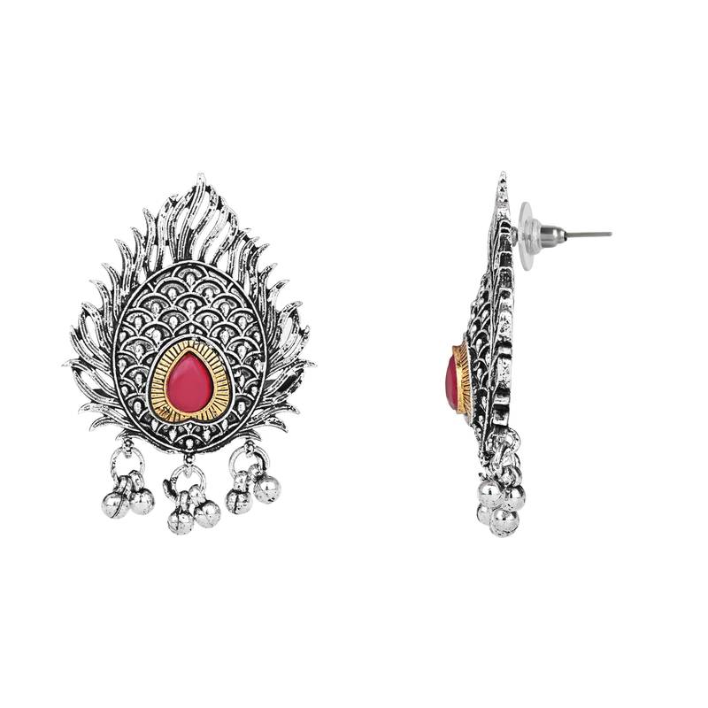 Navratri Ethnic Stylish Silver Oxidised Krishna Murli and Feather Long Necklace Jewellery Set 