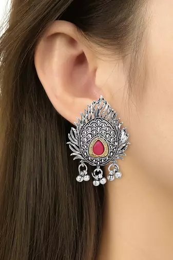 Navratri Ethnic Stylish Silver Oxidised Krishna Murli and Feather Long Necklace Jewellery Set 