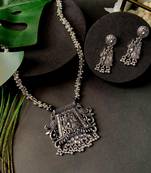 Navratri Ethnic Silver Oxidised Radha Krisha Long Necklace Jewellery With Jhumka Earrings Set 