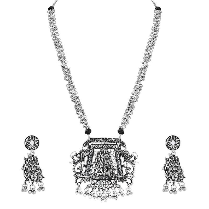 Navratri Ethnic Silver Oxidised Radha Krisha Long Necklace Jewellery With Jhumka Earrings Set 