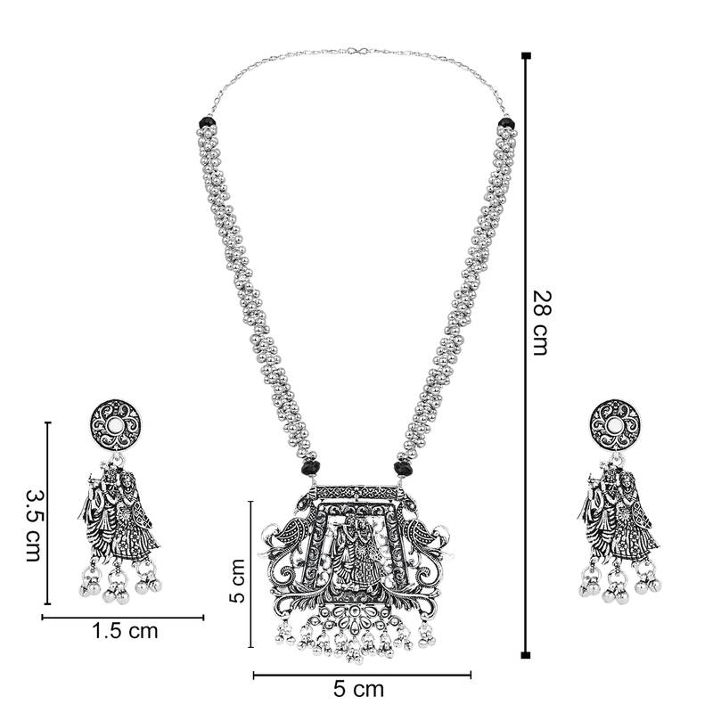 Navratri Ethnic Silver Oxidised Radha Krisha Long Necklace Jewellery With Jhumka Earrings Set 