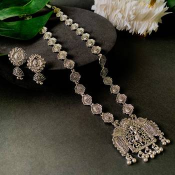 Navratri Ethnic Silver Oxidised Peacock Design Long Necklace Jewellery With Jhumka Earrings Set  1