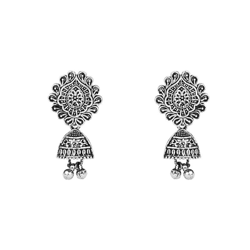Navratri Ethnic Silver Oxidised Peacock Design Long Necklace Jewellery With Jhumka Earrings Set 
