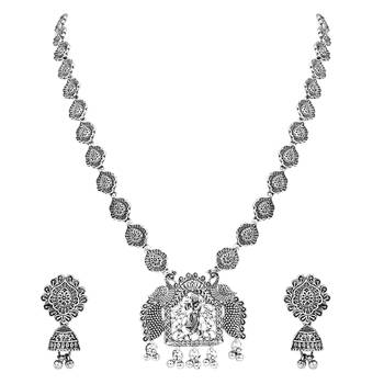 Navratri Ethnic Silver Oxidised Peacock Design Long Necklace Jewellery With Jhumka Earrings Set  3