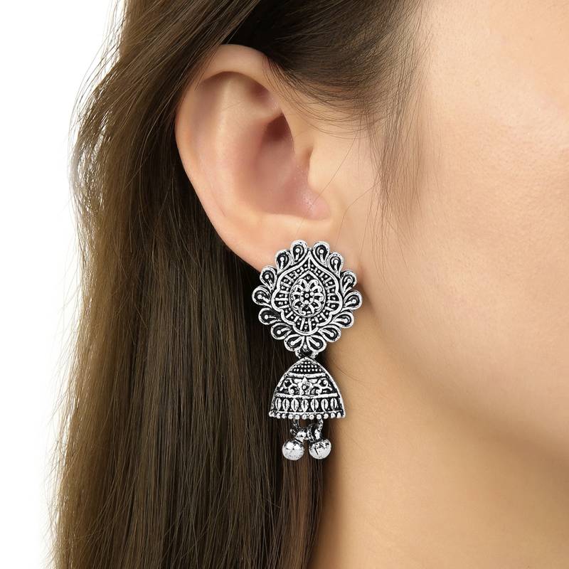 Navratri Ethnic Silver Oxidised Peacock Design Long Necklace Jewellery With Jhumka Earrings Set 