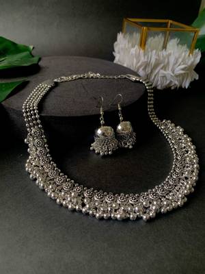 Navratri Ethnic Silver Oxidised Floral Design Ghungroo Long Necklace Jewellery With Jhumka Earrings Set MC158OX 1