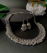 Navratri Ethnic Silver Oxidised Floral Design Ghungroo Long Necklace Jewellery With Jhumka Earrings Set MC158OX