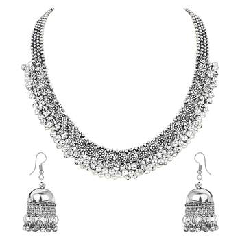 Navratri Ethnic Silver Oxidised Floral Design Ghungroo Long Necklace Jewellery With Jhumka Earrings Set MC158OX 2