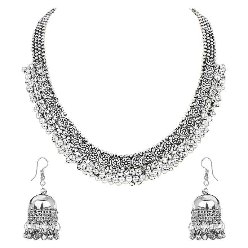 Navratri Ethnic Silver Oxidised Floral Design Ghungroo Long Necklace Jewellery With Jhumka Earrings Set MC158OX