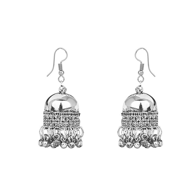 Navratri Ethnic Silver Oxidised Floral Design Ghungroo Long Necklace Jewellery With Jhumka Earrings Set MC158OX