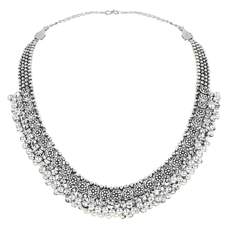 Navratri Ethnic Silver Oxidised Floral Design Ghungroo Long Necklace Jewellery With Jhumka Earrings Set MC158OX