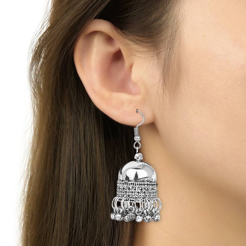 Navratri Ethnic Silver Oxidised Floral Design Ghungroo Long Necklace Jewellery With Jhumka Earrings Set MC158OX