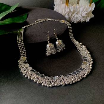 Navratri Ethnic Silver Oxidised Mirror Work Ghungroo Necklace Jewellery With Jhumka Earrings Set  1