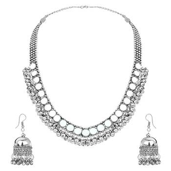 Navratri Ethnic Silver Oxidised Mirror Work Ghungroo Necklace Jewellery With Jhumka Earrings Set  2