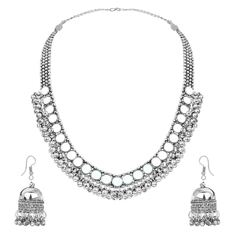 Navratri Ethnic Silver Oxidised Mirror Work Ghungroo Necklace Jewellery With Jhumka Earrings Set 