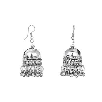 Navratri Ethnic Silver Oxidised Mirror Work Ghungroo Necklace Jewellery With Jhumka Earrings Set  3